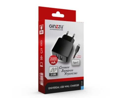 Зарядное устройство/адаптер питания USB от эл.сети GINZZU GA-3314UB 2xUSB 3,1A 5V черный + кабель USB Type C 1м