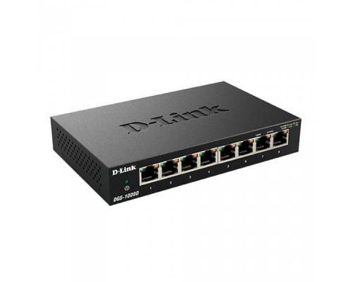 Коммутатор DGS-1008D/J3B L2 Unmanaged Switch with 8 10/100/1000Base-T ports.8K Mac address, Auto-sensing, 802.3x Flow Control, Stand-alone, Auto MDI/MDI-X for each port, 802.1p QoS, D-link Green technology, Metal case.Manual + External Power supply i