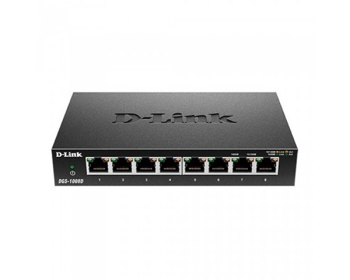 Коммутатор DGS-1008D/J3B L2 Unmanaged Switch with 8 10/100/1000Base-T ports.8K Mac address, Auto-sensing, 802.3x Flow Control, Stand-alone, Auto MDI/MDI-X for each port, 802.1p QoS, D-link Green technology, Metal case.Manual + External Power supply i