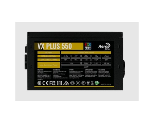 Блок питания для настольного компьютера Aerocool VX Plus 550 RGB 550W, ATX v2.3, RGB Fan 12cm, 500mm cable, Retail