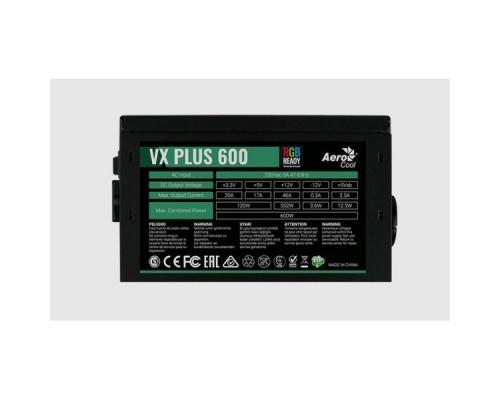Блок питания для настольного компьютера Aerocool VX Plus 600 RGB 600W, ATX v2.3, RGB Fan 12cm, 500mm cable, Retail