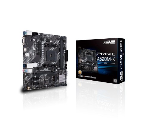 Материнская плата ASUS PRIME A520M-K, Socket AM4, A520, 2*DDR4, D-Sub+HDMI, SATA3 + RAID, Audio, Gb LAN, USB 3.2*6, USB 2.0*6, COM*1 header (w/o cable), mATX ; 90MB1500-M0EAY0