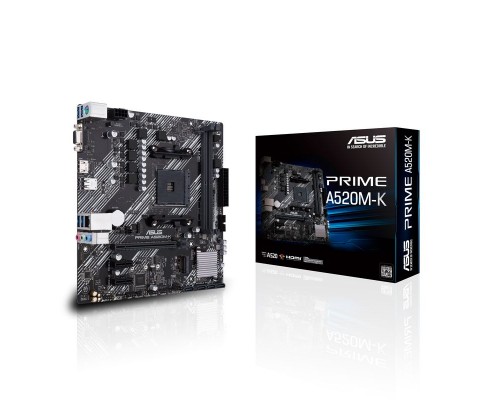 Материнская плата ASUS PRIME A520M-K, Socket AM4, A520, 2*DDR4, D-Sub+HDMI, SATA3 + RAID, Audio, Gb LAN, USB 3.2*6, USB 2.0*6, COM*1 header (w/o cable), mATX ; 90MB1500-M0EAY0