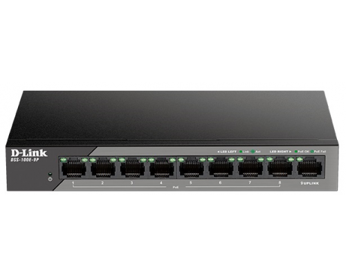 Коммутатор L2 Unmanaged Surveillance Switch with 8 10/100Base-TX ports and 110/100/1000Base-T port(8 PoE ports 802.3af/802.3at (30 W), PoE Budget92 W, up to 250 m power delivery).2K Mac address, 6kV Surge pro