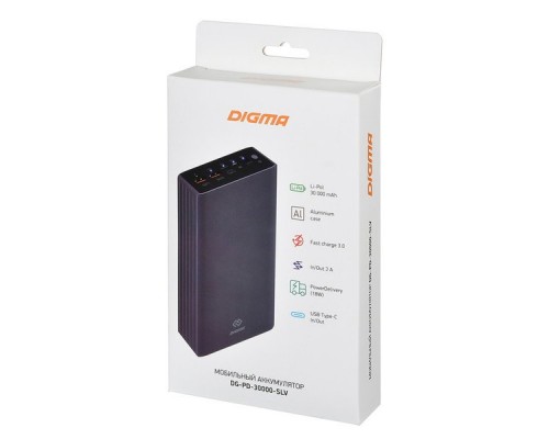 Мобильный аккумулятор Digma Power Delivery DG-PD-30000-SLV QC 3.0 PD(18W) Li-Pol 30000mAh 3A серебристый 3xUSB материал алюминий