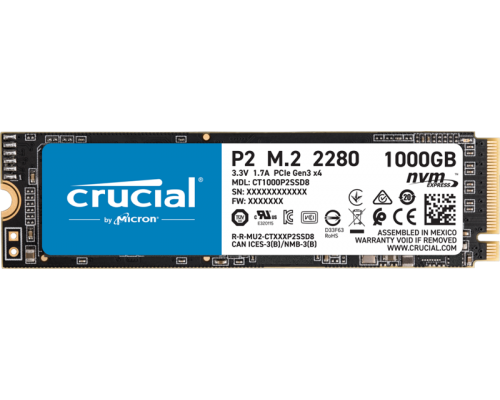 Накопитель Crucial SSD P2, 1000GB, M.2(22x80mm), NVMe, PCIe 3.0 x4, 3D TLC, R/W 2400/1800MB/s, IOPs н.д./н.д., TBW 300, DWPD 0.2 (12 мес.)