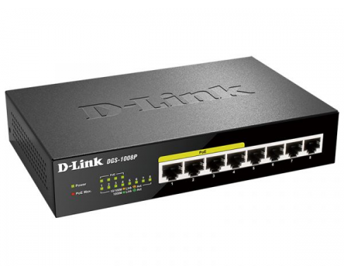 Коммутатор D-Link DGS-1008P/D2A,L2 Unmanaged Switch with 8 10/100/1000Base-T ports (4 PoE ports 802.3af/802.3at (30 W), PoE Budget 68).8K Mac address, Auto-sensing, 802.3x Flow Control, Stand-alone, Auto MDI/M