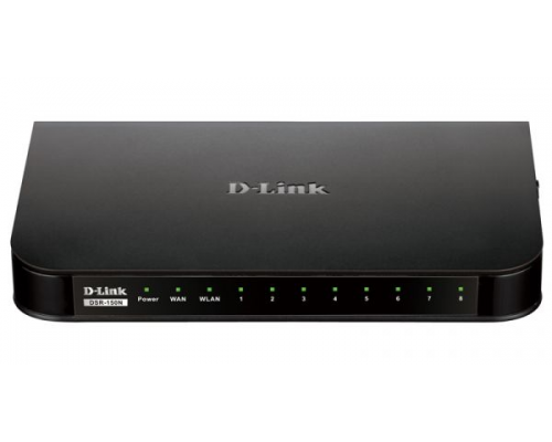 Маршрутизатор D-Link DSR-150N/A4A, Wireless N300 VPN Router with 1 10/100Base-TX WAN ports, 8 10/100Base-TX LAN ports and 1 USB ports. Firmware for WW. 802.11b/g/n compatible, 802.11N up to 300Mbps, 1 10/100Base-TX