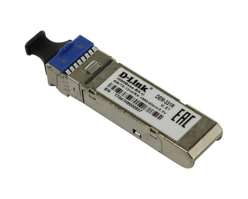 Трансивер D-Link 331R/20KM/A1A, WDM SFP Transceiver with 1 1000Base-BX-U port. Up to 20km, single-mode Fiber, Simplex LC connector, Transmitting and Receiving wavelength: TX-1310nm, RX-1550nm, 3.3V power.