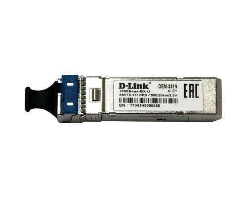 Трансивер D-Link 331R/20KM/A1A, WDM SFP Transceiver with 1 1000Base-BX-U port. Up to 20km, single-mode Fiber, Simplex LC connector, Transmitting and Receiving wavelength: TX-1310nm, RX-1550nm, 3.3V power.