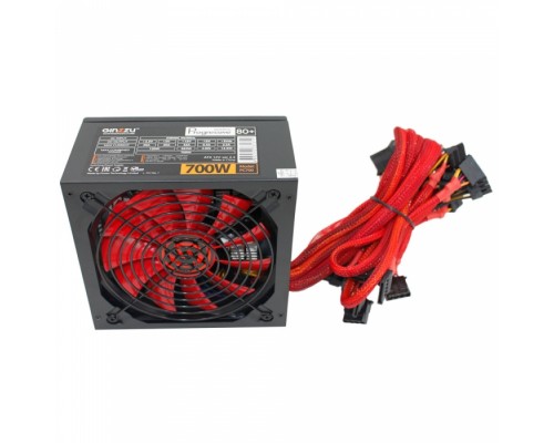 Блок питания Ginzzu PC700 14CM(Red) 80+ black,APFC,24+4p,2 PCI-E(6+2), 7*SATA, 4*IDE,оплетка, кабель питания,цветная коробка RTL