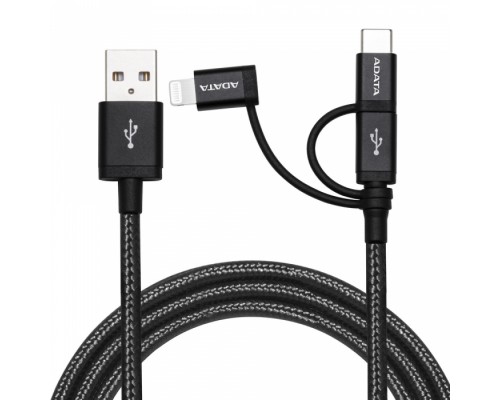 Кабель USB Cable ADATA Lightning-USB AMCL23IN1-1MK-CBK 1m, 3-in-1: Lightning, microUSB, USB 2.0 Type A, USB-C, 2.4A-rated copper wires, Apple MFi-certified, Black, RTL