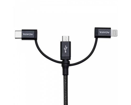 Кабель USB Cable ADATA Lightning-USB AMCL23IN1-1MK-CBK 1m, 3-in-1: Lightning, microUSB, USB 2.0 Type A, USB-C, 2.4A-rated copper wires, Apple MFi-certified, Black, RTL