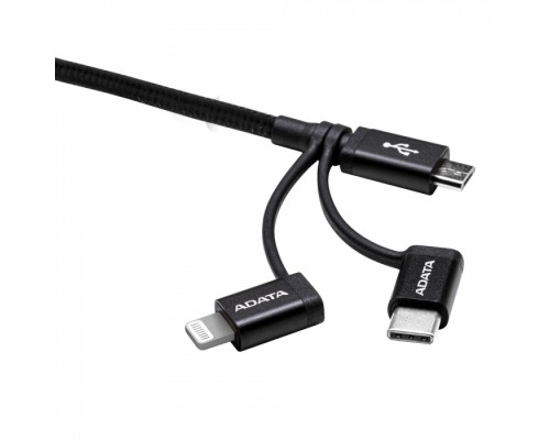 Кабель USB Cable ADATA Lightning-USB AMCL23IN1-1MK-CBK 1m, 3-in-1: Lightning, microUSB, USB 2.0 Type A, USB-C, 2.4A-rated copper wires, Apple MFi-certified, Black, RTL