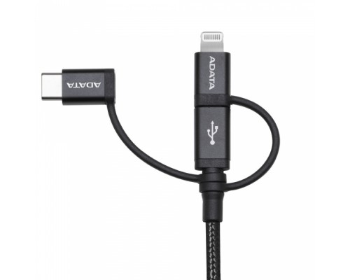 Кабель USB Cable ADATA Lightning-USB AMCL23IN1-1MK-CBK 1m, 3-in-1: Lightning, microUSB, USB 2.0 Type A, USB-C, 2.4A-rated copper wires, Apple MFi-certified, Black, RTL