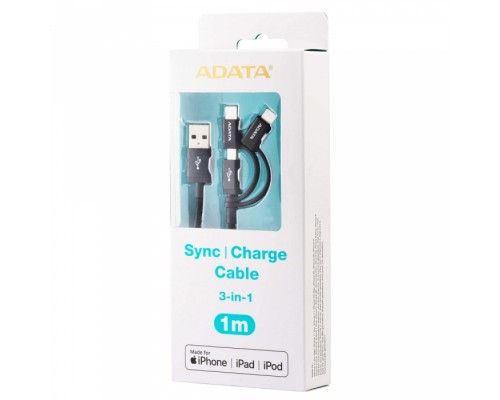 Кабель USB Cable ADATA Lightning-USB AMCL23IN1-1MK-CBK 1m, 3-in-1: Lightning, microUSB, USB 2.0 Type A, USB-C, 2.4A-rated copper wires, Apple MFi-certified, Black, RTL