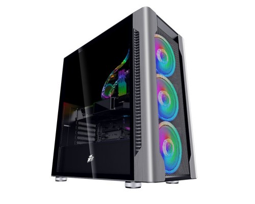 Корпус 1STPLAYER DK DX SILVER / E-ATX, tempered glass, fans controller & remote / 3x 140mm RGB fans inc. / DX-SL-M1-PLUS