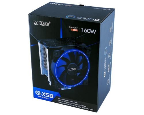 Кулер PCCooler GI-X5B S775/115X/AM2/AM3/AM4 (24 шт/кор, TDP 160W, вент-р 120мм с PWM, Blue LED FAN, 5 тепловых трубок 6мм, 1000-1800RPM, 26.5dBa)