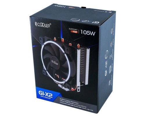 Кулер PCCooler GI-X2 S775/115X/AM2/AM3/AM4 (24 шт/кор, TDP 105W, вент-р 120мм с PWM, 2 тепловые трубки 6мм, белая LED подсветка, 1000-1800RPM, 26.5dBa)