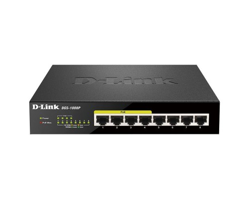 Коммутатор Unmanaged Switch with 8 10/100/1000Base-T ports (4 PoE ports 802.3af/802.3at (30 W), PoE Budget 68).8K Mac address, Auto-sensing, 802.3x Flow Control, Stand-alone, Auto MDI/MDI-X for each port, D-link Green technology, Metal case.Manual +