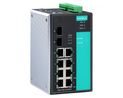 Промышленный 10-портовый управляемый коммутатор: 7 портов 10/100 BaseT Ethernet, 1 х 10/100/1000 BaseT Ethernet, 2 x Gigabit SFP