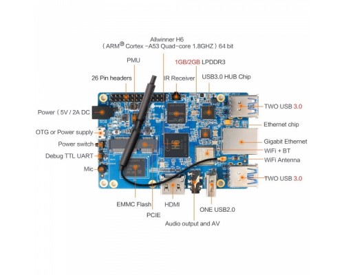Одноплатный компьютер Orange Pi 3 H6 (2GB) (RD047) Quad-core 64-bit 1.8GHZ ARM Cortex™-A53 2GB Lpddr3