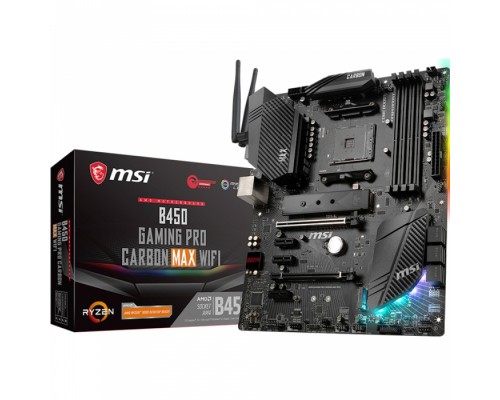 Материнская плата B450 GAMING PRO CARBON MAX WIFI, Socket AM4, AMD®B450, 4xDDR4-2667, 2xPCI-Ex16x, 3xPCI-Ex1x, HDMI+DP, 6xSATA3(RAID 0/1/10), 2xM.2, 8 Ch Audio, GLan, WiFi, (2+4)xUSB2.0, (3+2)xUSB3.2, (1+0)xUSB3.2 Type-C™, 1xPS/2, ATX, RTL