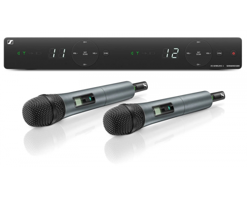 Вокальная РЧ-система Sennheiser XSW 1-835 DUAL-A, 548-572 МГц, 10 каналов, настольный двухканальный приёмник, два ручных передатчика с динамическим капсюлем (835), кардиоида.