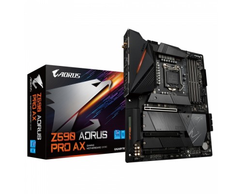 Материнская плата Z590 AORUS PRO AX, Socket 1200, Intel®Z590, 4xDDR4-3200, DP, 3xPCI-Ex16, 6xSATA3(RAID 0/1/5/10), 4xM.2, 8Ch Audio, 2.5GLan, WiFi, (4+4)xUSB2.0, (8+2)xUSB3.2, (1+1)xUSB3.2 Type-C™, ATX, RTL,