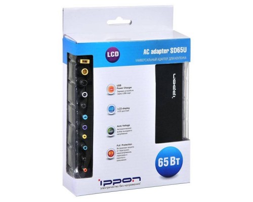 Блок питания Ippon SD65U автоматический 65W 15V-19.5V 11-connectors 3.5A 1xUSB 2.1A от бытовой электросети LСD индикатор