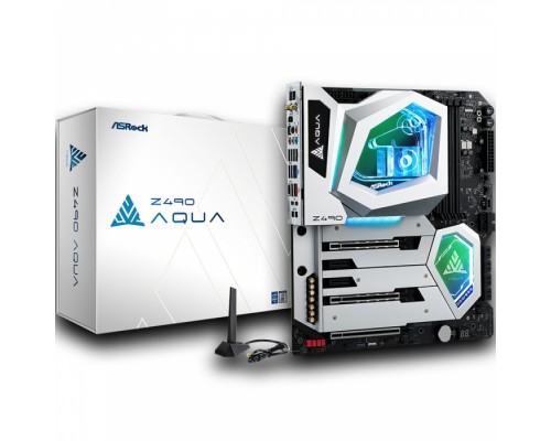 Материнская плата Z490 AQUA, Socket 1200, Intel®Z490, 4xDDR4-2933, HDMI, 3xPCI-Ex16, 2xPCI-Ex1, 8xSATA3(RAID 0/1/5/10), 3xM.2, 8 Ch Audio, 1x2,5GLan, 1x10GLan, WiFi, (0+2)xUSB2.0, (7+4)xUSB3.2, (3+1)xUSB3.2 Type-C™, 1xPS/2, ATX, RTL