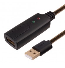 Удлинитель Greenconnect  USB 2.0 с активным усилителем сигнала 5.0m Premium AM/AF, 24/22 AWG экран, армированный, морозостойкий, разъёмом для доп.питания, черно-прозрачный, GCR-UEC3M2-BD2S-5.0m                                                         