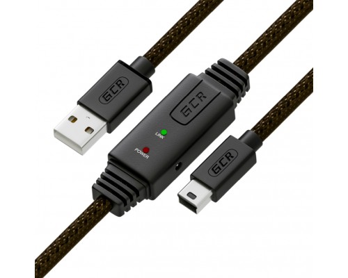 Кабель активный GCR 15.0m USB 2.0, AM/mini 5P, черно-прозрачный, с усилителем сигнала, разъём для доп.питания, 28/24 AWG, GCR-UM2M5P1-BD2S-15.0m