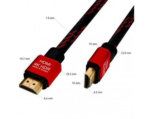 Кабель GCR 0.3m HDMI версия 2.0, HDR 4:2:2, Ultra HD, 4K 60 fps 60Hz/5K*30Hz, 3D, AUDIO, 18.0 Гбит/с, 28/28 AWG, OD7.8mm, тройной экран, BICOLOR нейлон, AL корпус красный, GCR-52289