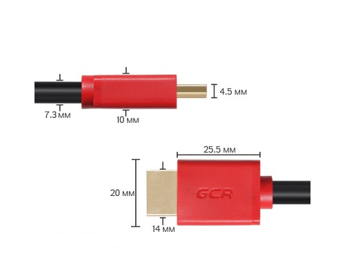 Кабель Greenconnect  1.8m HDMI версия 2.0, HDR 4:2:2, Ultra HD, 4K 60 fps 60Hz/5K*30Hz, 3D, AUDIO, 18.0 Гбит/с, 28/28 AWG, OD7.3mm, тройной экран, черный, красные коннекторы, GCR-HM451-1.8m