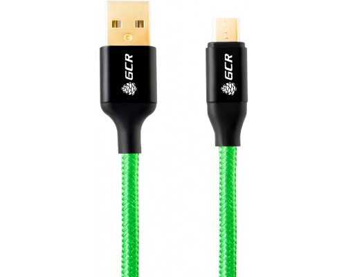 Кабель Greenconnect  3A 0.5m USB 2.0 для Samsung, GOLD, ОS Android, AM/microB 5pin, зеленый нейлон, AL корпус черный, черный ПВХ, 28/22 AWG, поддержка функции быстрой зарядки, GCR-51261