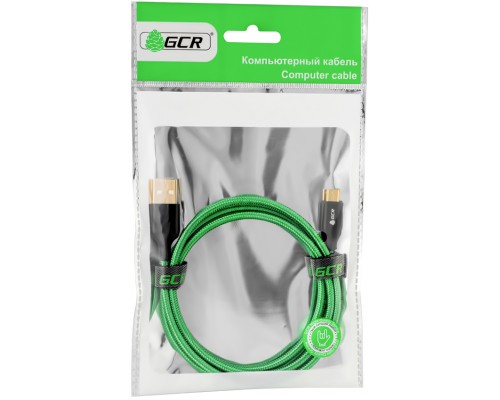 Кабель Greenconnect  3A 0.5m USB 2.0 для Samsung, GOLD, ОS Android, AM/microB 5pin, зеленый нейлон, AL корпус черный, черный ПВХ, 28/22 AWG, поддержка функции быстрой зарядки, GCR-51261