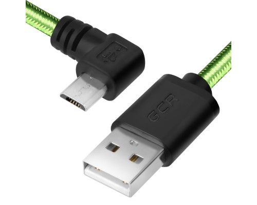 Кабель Greenconnect  micro USB 2.0  1.0m угловой, зеленый нейлон, черные коннекторы, ультрагибкий, 28/28 AWG, AM / microB 5pin GCR-UA12AMCB6-BB2S-1.0m, экран, армированный, морозостойкий