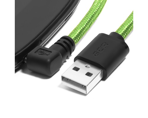 Кабель Greenconnect  micro USB 2.0  1.0m угловой, зеленый нейлон, черные коннекторы, ультрагибкий, 28/28 AWG, AM / microB 5pin GCR-UA12AMCB6-BB2S-1.0m, экран, армированный, морозостойкий