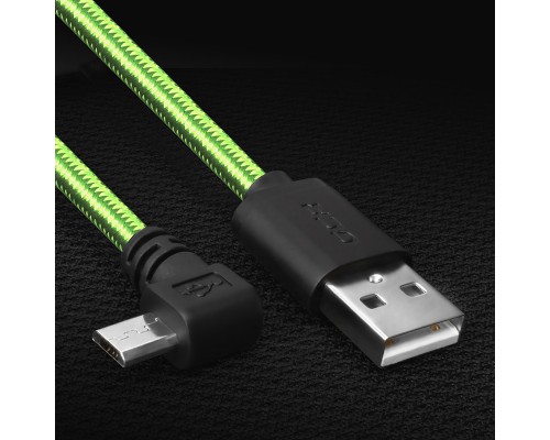 Кабель Greenconnect  micro USB 2.0  1.0m угловой, зеленый нейлон, черные коннекторы, ультрагибкий, 28/28 AWG, AM / microB 5pin GCR-UA12AMCB6-BB2S-1.0m, экран, армированный, морозостойкий