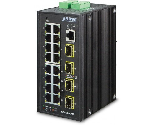 Коммутатор IP30 Industrial 16* 10/100/1000TP + 4* 100/1000F SFP Full Managed Ethernet Switch (-40 to 75 degree C, 2*DI, 2*DO), ERPS Ring, 1588