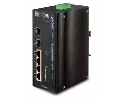 Коммутатор PLANET IP30 6-Port Gigabit Switch with 4-Port 802.3AT POE+ plus 2-port 100/1000X SFP (-40 to 75 C)