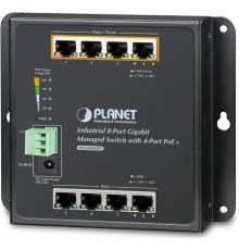 Коммутатор IP30, IPv6/IPv4, 8-Port 1000TP Wall-mount Managed Ethernet Switch with 4-Port 802.3AT POE+ (-40 to 75 C), dual redundant power input on 48-56VDC terminal block and power jack, SNMPv3, 802.1Q VLAN, IGMP Snooping, SSL, SSH, ACL              