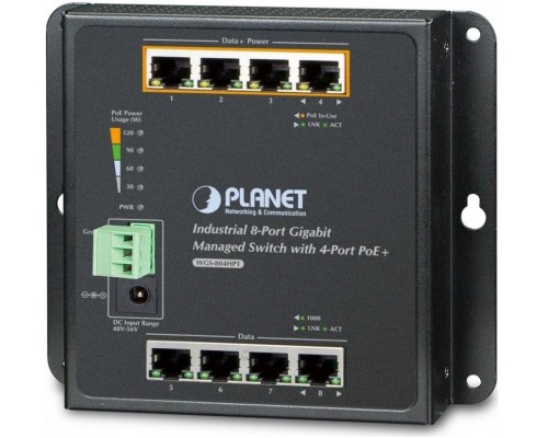 Коммутатор IP30, IPv6/IPv4, 8-Port 1000TP Wall-mount Managed Ethernet Switch with 4-Port 802.3AT POE+ (-40 to 75 C), dual redundant power input on 48-56VDC terminal block and power jack, SNMPv3, 802.1Q VLAN, IGMP Snooping, SSL, SSH, ACL