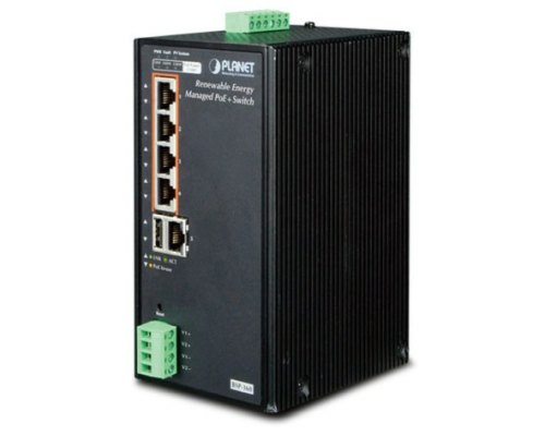 Коммутатор PLANET BSP-360 IP30 Industrial Renewable Energy 4-Port 10/100/1000T 802.3at PoE+ Managed Ethernet Switch. (-10 to 60 degree C, 4-Port Gigabit 802.3at PoE+ injector + 1-Port Gigabit Ethernet; 24V/1A DC output, Web management