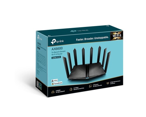 Маршрутизатор AX6600 tri-band wireless Gigabit router, 4804Mbps at 5G band1, 1201Mbps at 5G band2 and 574Mbps at 2.4G, 1*2.5G WAN/LAN port, 1*1G WAN/LAN port, 3*1G LAN ports, 1*USB 3.0 port, 1*USB 2.0 port, 8 antennas, support Homecare Pro, OneMesh,