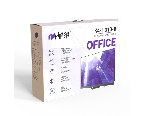 Платформа AIO HIPER Office HO-K2-H310-B, 23.8''display IPS (1920x1080), m/b INTEL H310, no CPU, no RAM(DDR4 SO-DIMM 2400 МГц), no HDD, 1*HDMI, 1*COM, 4*USB3.0, 2*USB2.0, 1*RJ45 Gigabit LAN, AUDIO IN/OUT, WiFi+BT, 120W ext. PSU, Black