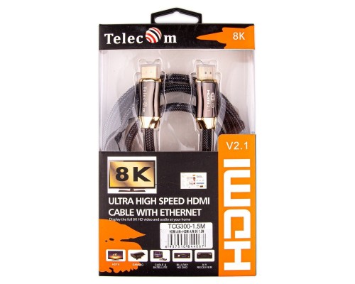 Кабель HDMI 19M/M,ver. 2.1, 8K@60 Hz 1.5m метал разъемы, нейлоновая оплетка Telecom TCG300-1.5M