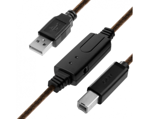 Кабель Greenconnect  USB 2.0 с активным усилителем сигнала 15.0m AM/BM, 24/22 AWG экран, армированный, морозостойкий, разъём для доп.питания, черно-прозрачный