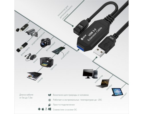 Удлинитель активный GCR  5.0m USB 3.0, AM/AF, черный, с усилителем сигнала, доп.питание micro, GCR-51927